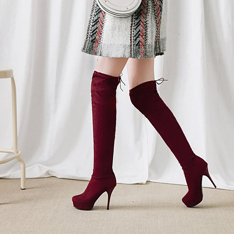 Женские ботфорты с круглым носком на высоком каблуке размеры до 48|Женские