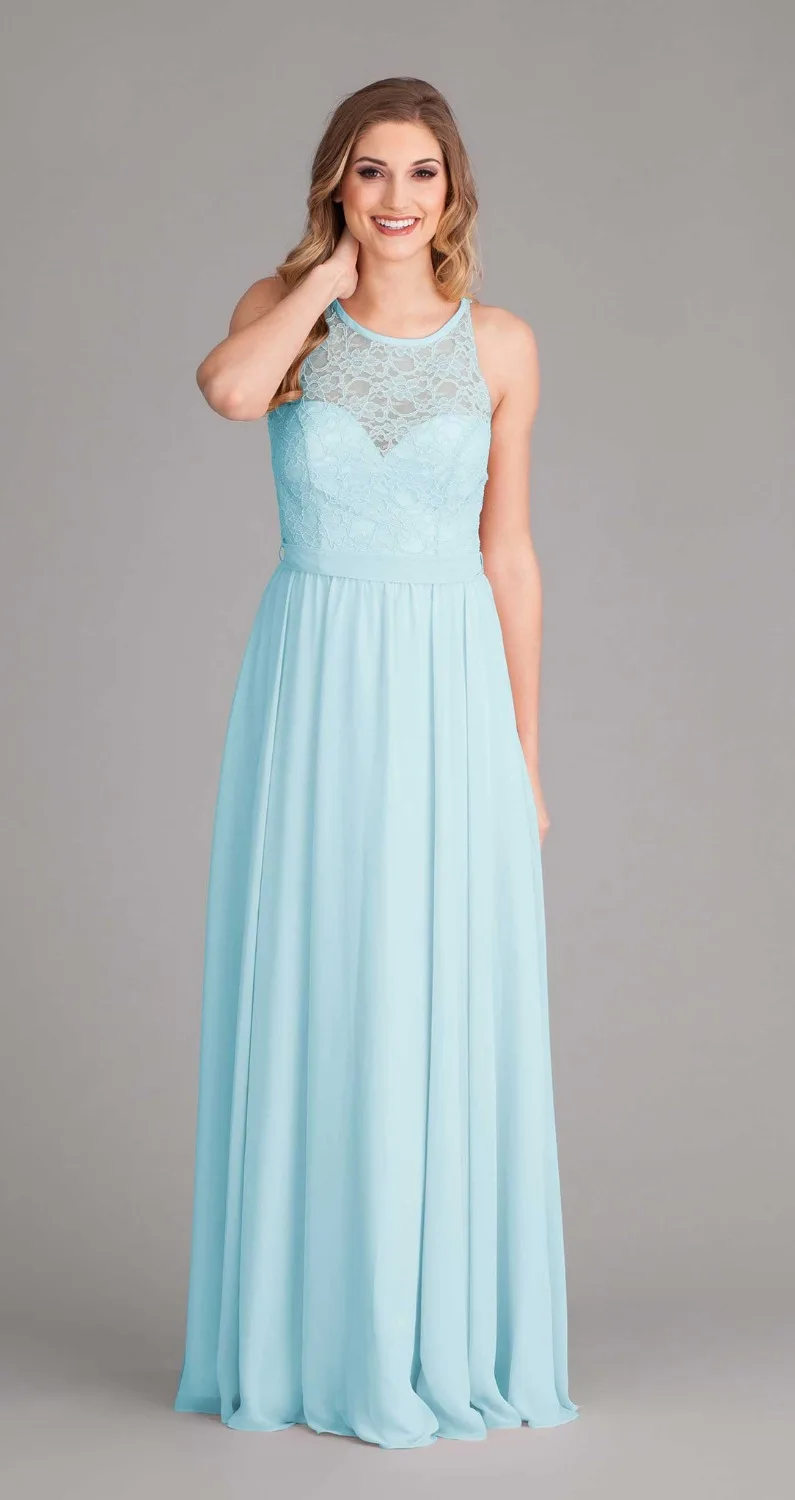 Stunning Chiffon Bridesmaid Dresses 2017 Lace Bodice Overlay High Illusion Neckline Long Wedding Party Gowns Prom Dress | Свадьбы и