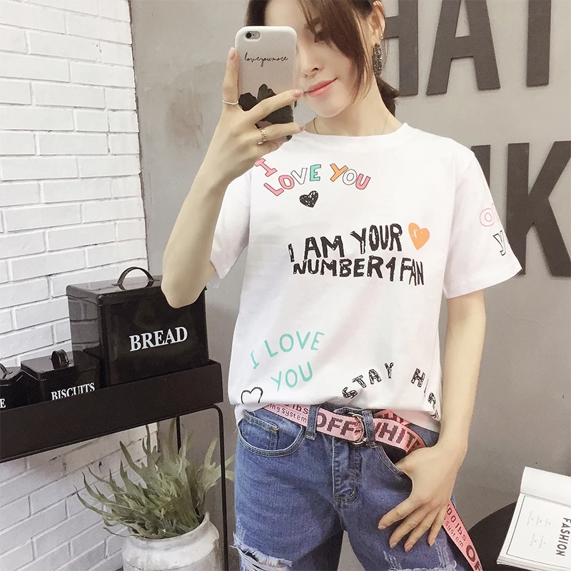 NAFMI Slogan Print Tee 2018 лето мультфильм письмо опрятный Топы Для женщин Белый шею