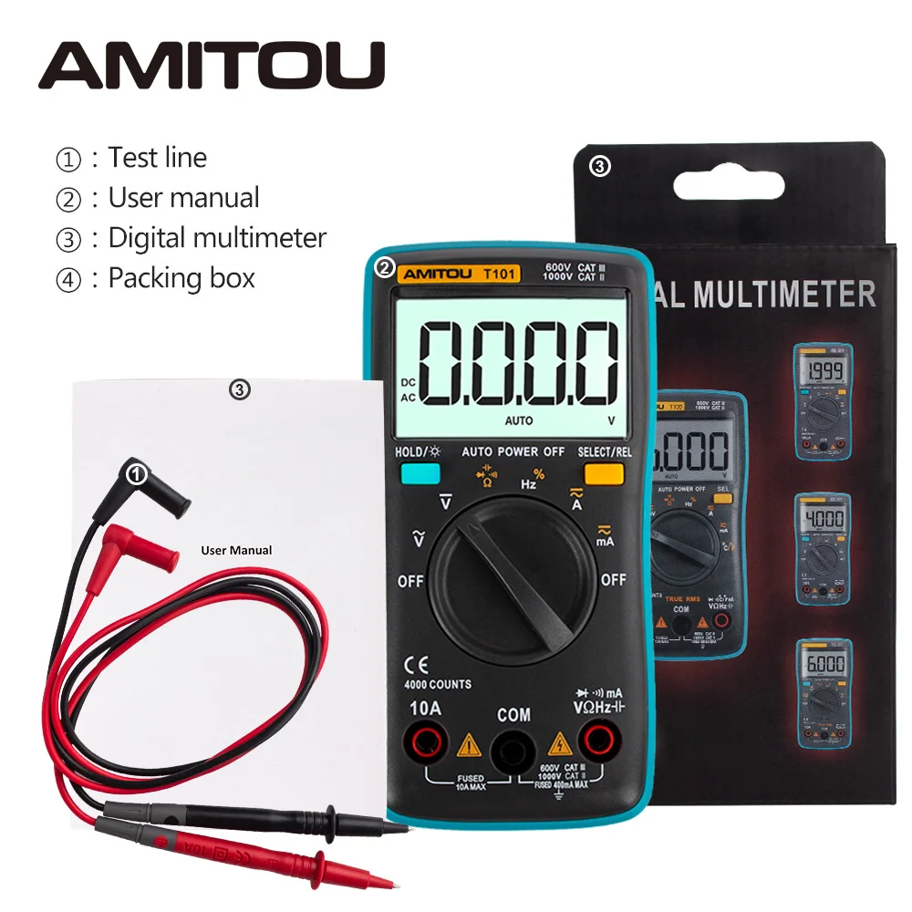 AMITOU T101 ЖК цифровой мультиметр Подсветка AC/DC Напряжение Ток миллиампер