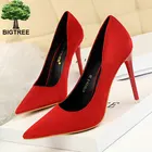 Лаконичные женские туфли-лодочки BIGTREE, 5 цветов, на тонком каблуке, однотонные, из флока, с острым носком, на низком каблуке, офисные туфли OL