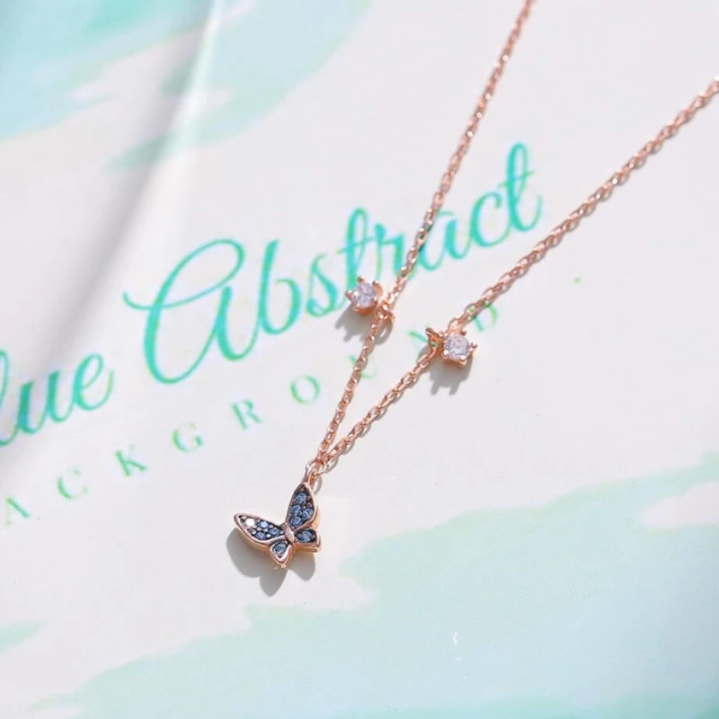 Blue Butterfly Clavicle Chain Rose Gold Fresh Cute Simple Student Gift 925 Sterling Silver Temperament Female Necklace SNE312 | Украшения и