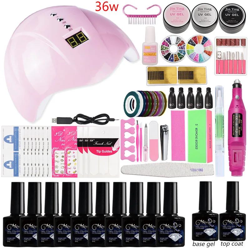 36w lamp set 10 gel2 Акрил комплекты набор для маникюра наращивая ногтей на выбор, 10 цветов, набор для ногтей, Профессиональный гель для полировки ногтей, 36 Вт/48 Вт/80 Вт, светодиодная лампа для ногтей маникюрный набор для ногтей - Цвет: 36w lamp set 10 gel2