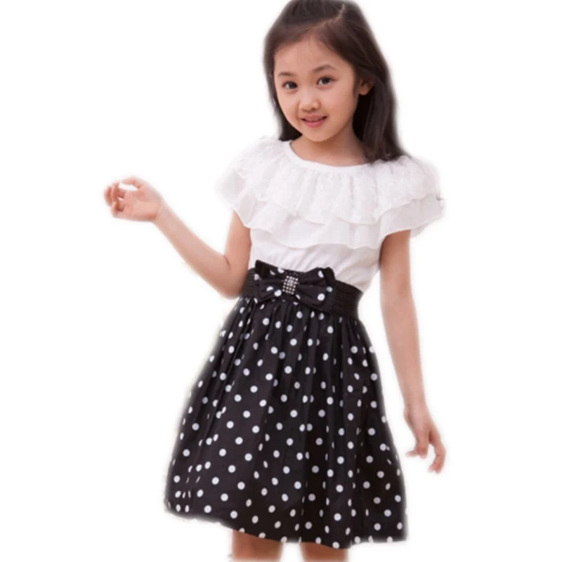 Летние Платье для девочек в горошек модные платья с бантом дети платье Костюмы