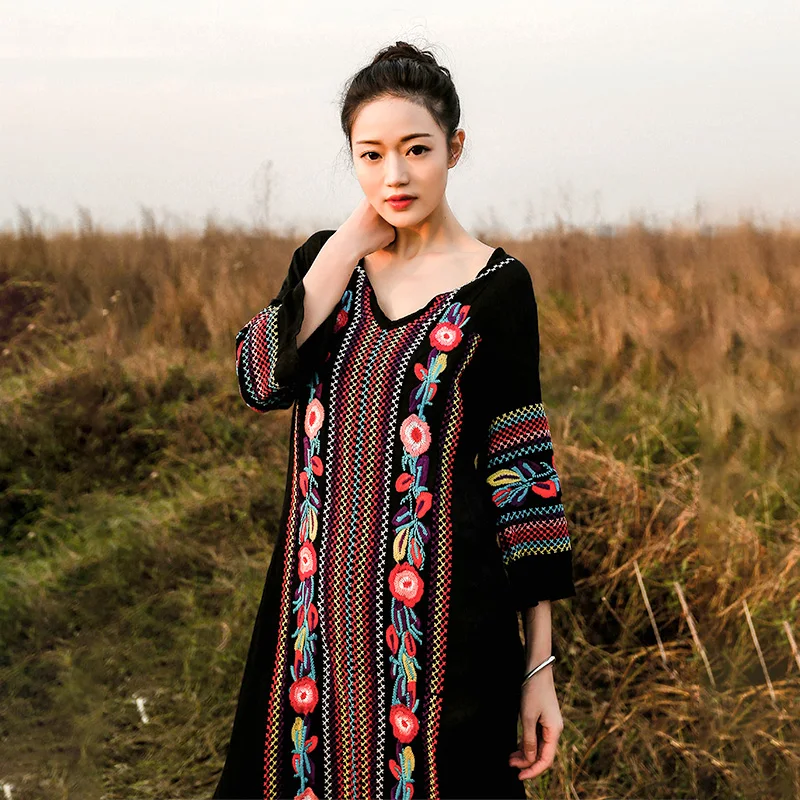 Женское длинное платье макси в стиле ретро летнее пляжное из хлопка и льна бохо