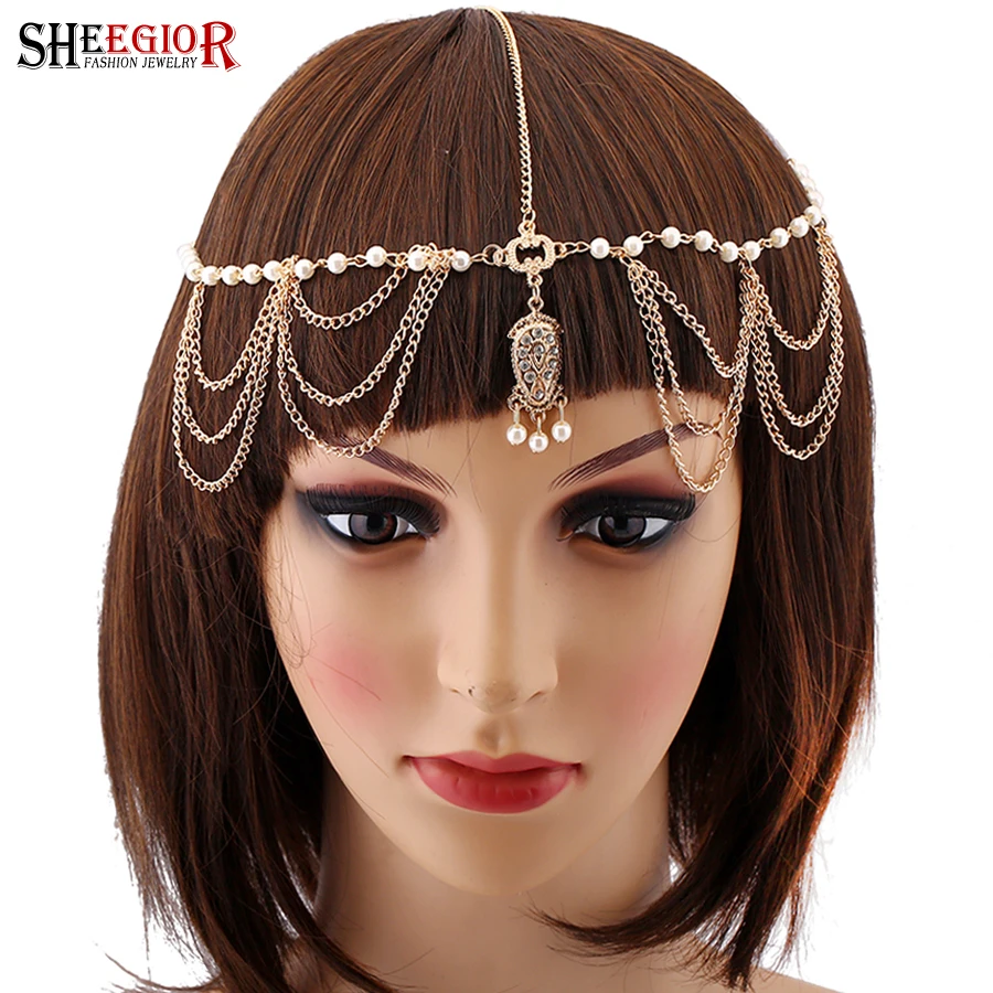 Повязка на голову женская с кисточками и жемчугом золотистая романтический