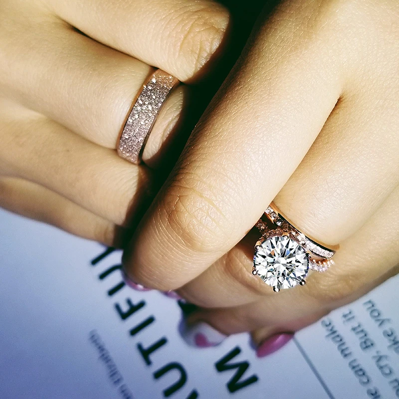 

925 Sterling Silver rose gold color Couple Wedding Ring Set for Bridal Women and men Finger couple pair Jewelry LR4969