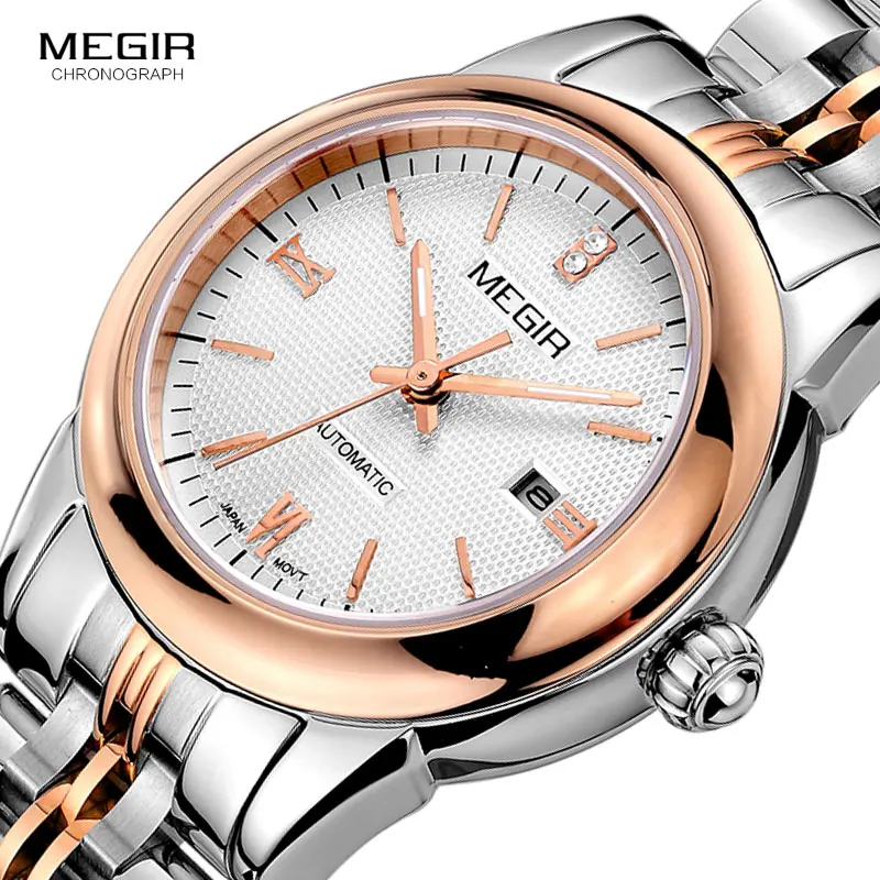 MEGIR Woman Watch Female Mechanical Skeleton Wristwatch 2019 Fashion Stainless Steel Casual Stylish Lady Gift RS62002LWhite-Rose