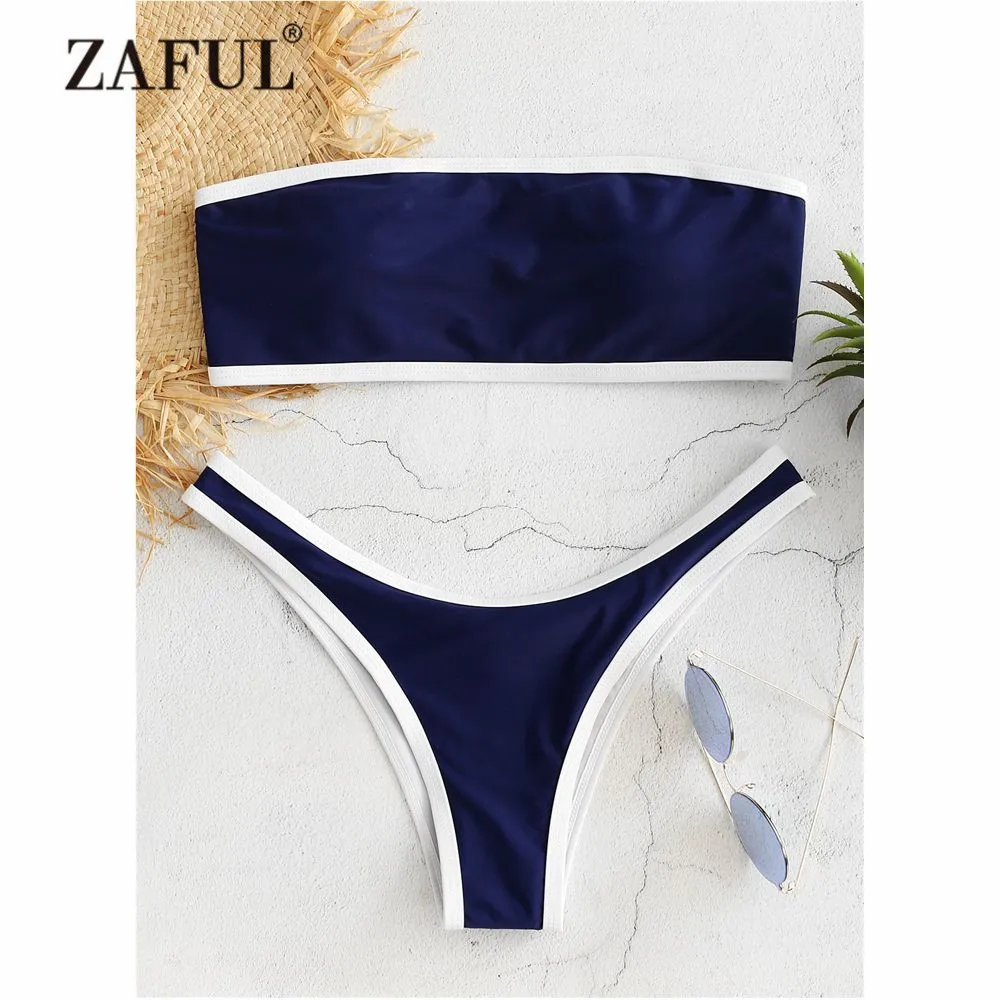 

ZAFUL Contrast Trim Bandeau Bikini Padded Swimwear Women Swimsuit Thong Bikini Set Sexy Strapless Patchwork Biquni Bathing Suit