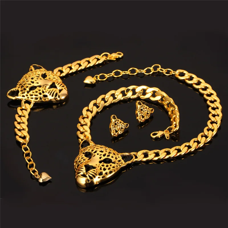 Ожерелье и браслет с головой леопарда Комплект сережек для женщин Винтажные