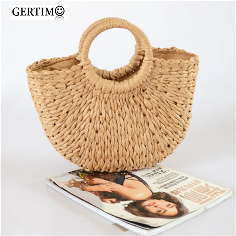 

2021 Trend Women Vintage Handmade Rattan Bag Moon Shape Straw Woven Handbags Summer Bali Basket Beach Bags Bolsos;sac rotin