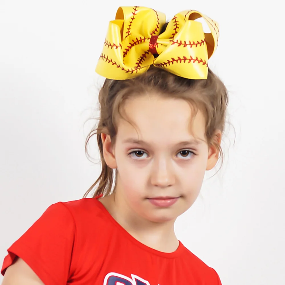 

7" Big Leather Baseball Hair Bow For Kids Girls Handmade Softball Headwear Boutique Hair Accessories