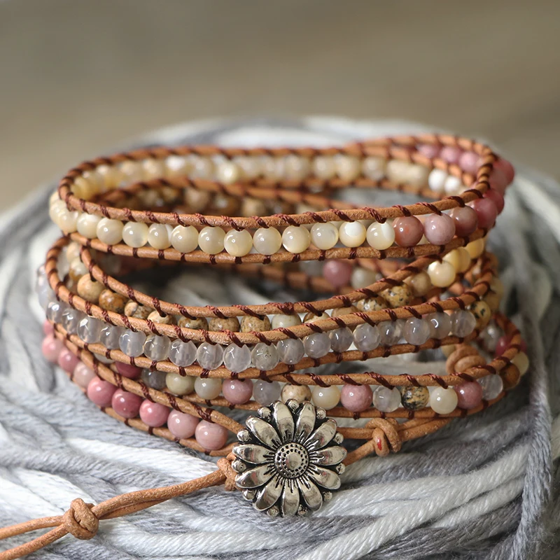 

EDOTHALIA New Fashion 5 Strands Leather Bracelet Natural Stone Handwork Wrap Bracelet Friendship Lover's Beautiful Gift Dropship