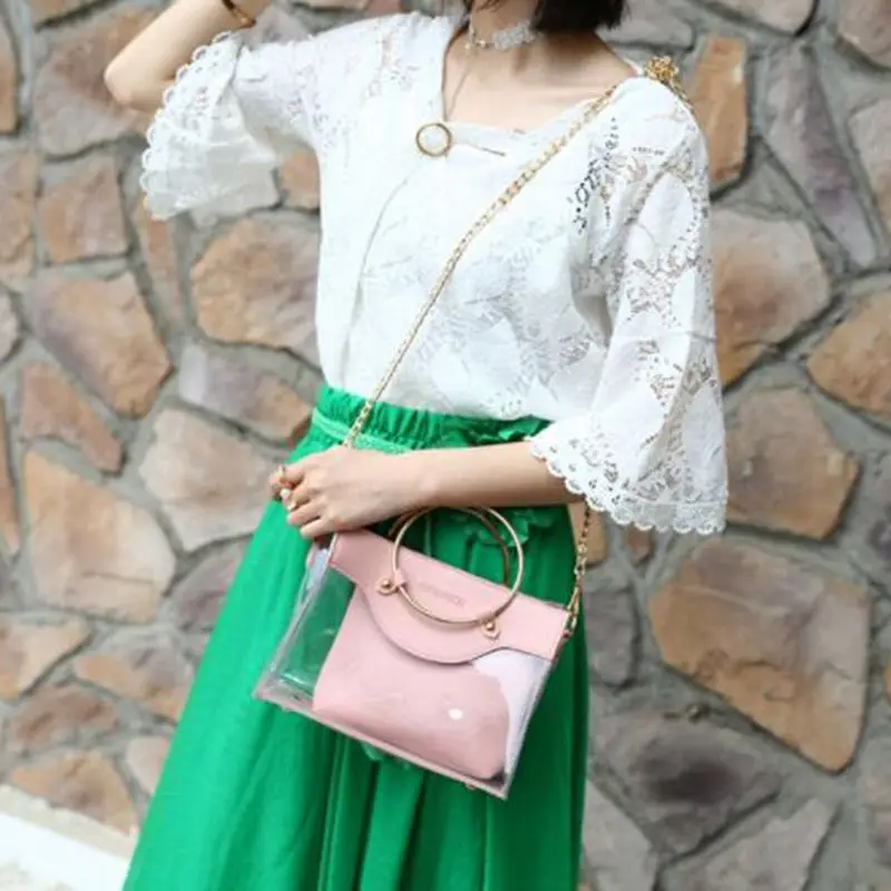 2020 Summer New Handbag High quality PVC Transparent Women bag Metallic Ring Tote Beach Travel Chain Shoulder Messenger Bag | Багаж и