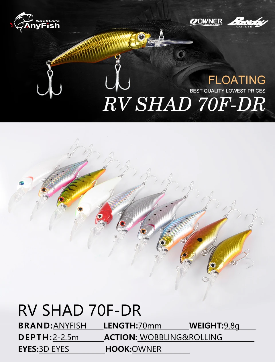 ANYFISH STAR RV SHAD 70F-DR плавающая приманка для рыбалки 7 см 9,8 г жесткая приманка с 3D глазами искусственная приманка с 2 крючками глубина погружения 2-2,5 м