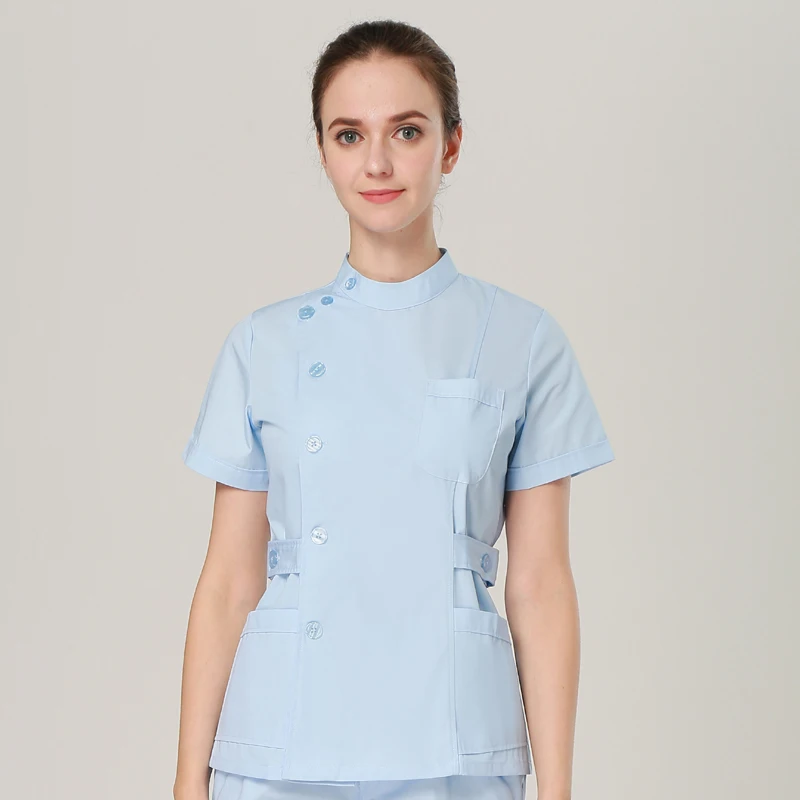 blue top Женские скрабы Топы медицинская спа-Униформа Стенд воротник пальто боковое отверстие с регулируемыми поясными ремнями(только топ - Цвет: blue top