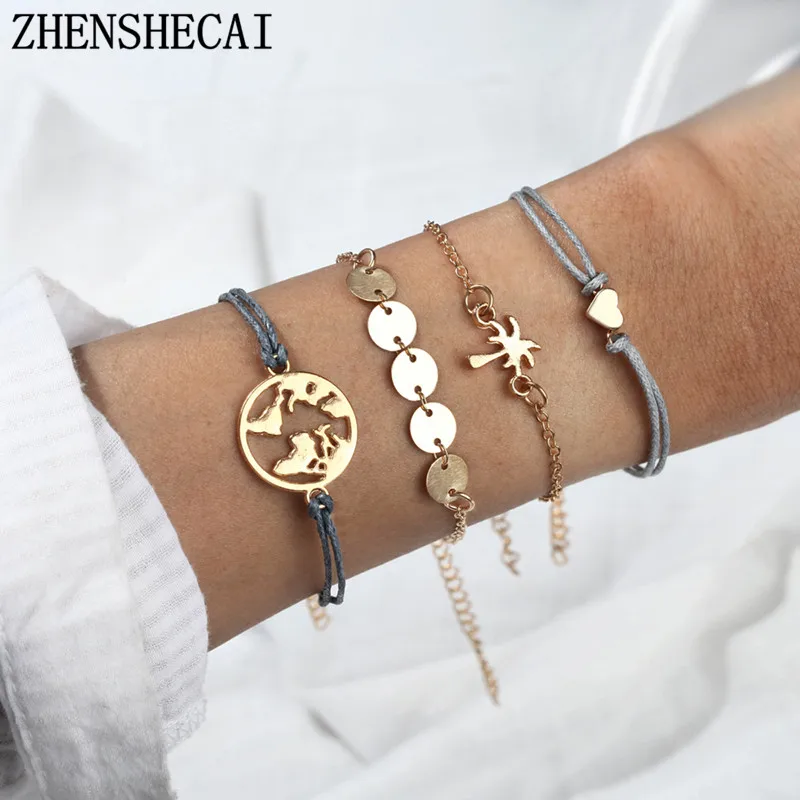 4 Pieces / Set Of Bohemian Bracelet Multi-Layer Metal Adjustable Heart Handmade Chain Ladies Jewelry Decorations | Украшения и