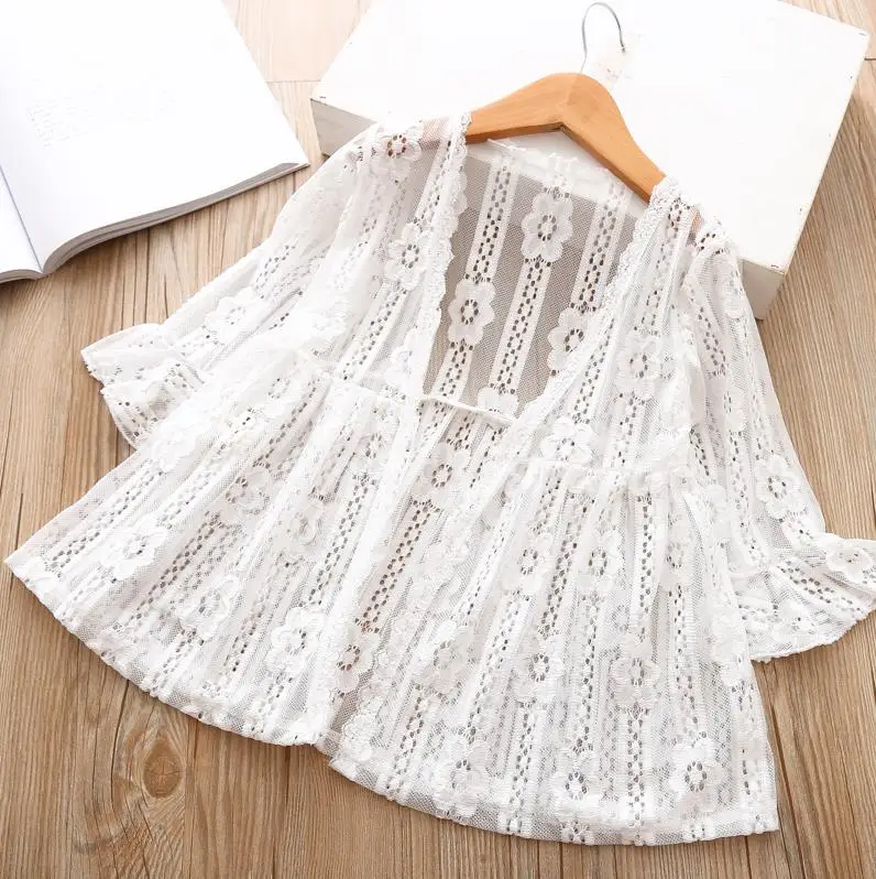 white color Белая блузка Кардиган для малышей г. модная летняя одежда для девочек, кружевная тонкая верхняя одежда для девочек открытая Солнцезащитная рубашка для детей от 3 до 7 лет - Цвет: white color