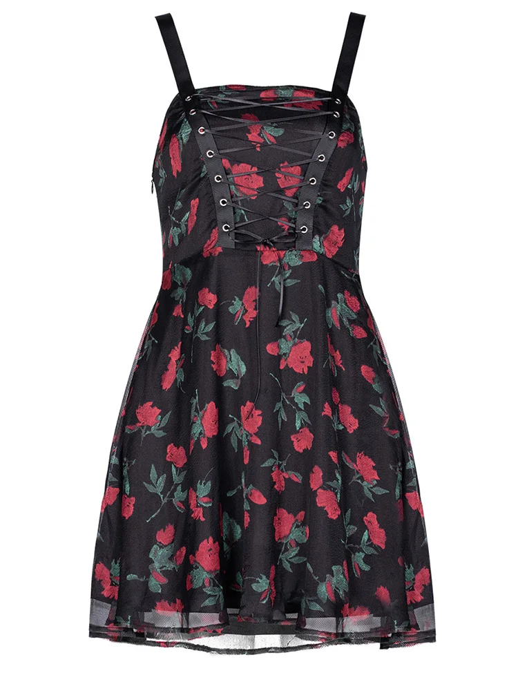 PUNK RAVE Women Punk Summer Dress Fashion Casual Flower Chiffon Mesh Spliced Girl Gothic Party | Женская одежда