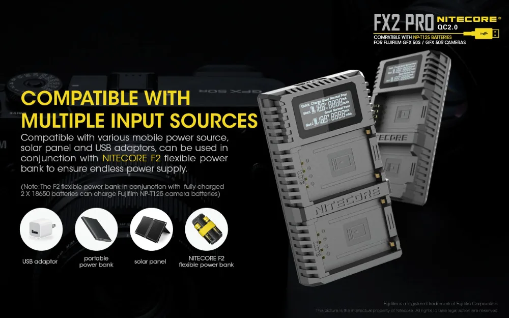 NITECORE FX2 USB двойной слот Путешествия Камера QC зарядное устройство для Fujifilm GFX 50S GFX Fujifilm камера r батарея NP-T125