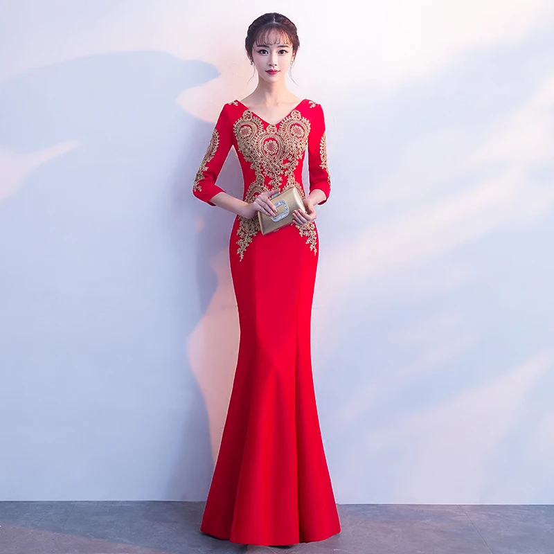 Современное китайское свадебное платье, черное, Cheongsam, Сексуальные Восточные воротники, традиционное вечернее платье, Qipao, длинное, с вышивкой, Vestido Chino - Цвет: Big red tail