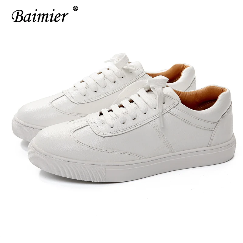 Baimier Genuine Leather White Women Sneakers Spring Street Style Lace up Running Shoes Casual Comfortable Women Flat Shoes
