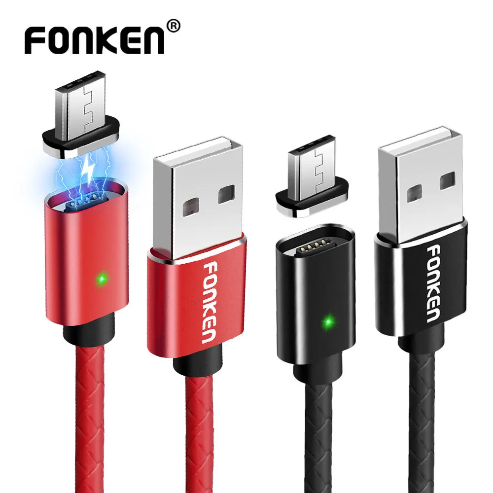 Магнитный кабель FONKEN 2 в 1 USB Type C Micro для телефона м светодиодный шнур зарядки