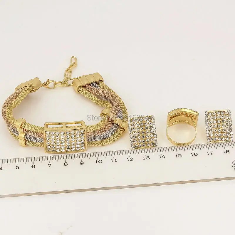 New Year Sales~ Three Tone Charms Choker Dubai Elegant Women Gifts Necklace Bracelet Earring Ring Sets Crystal Jewelry | Украшения и