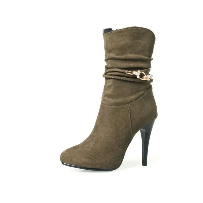 Женские ботинки новые стильные зимние женские средней высоты из флока с острым