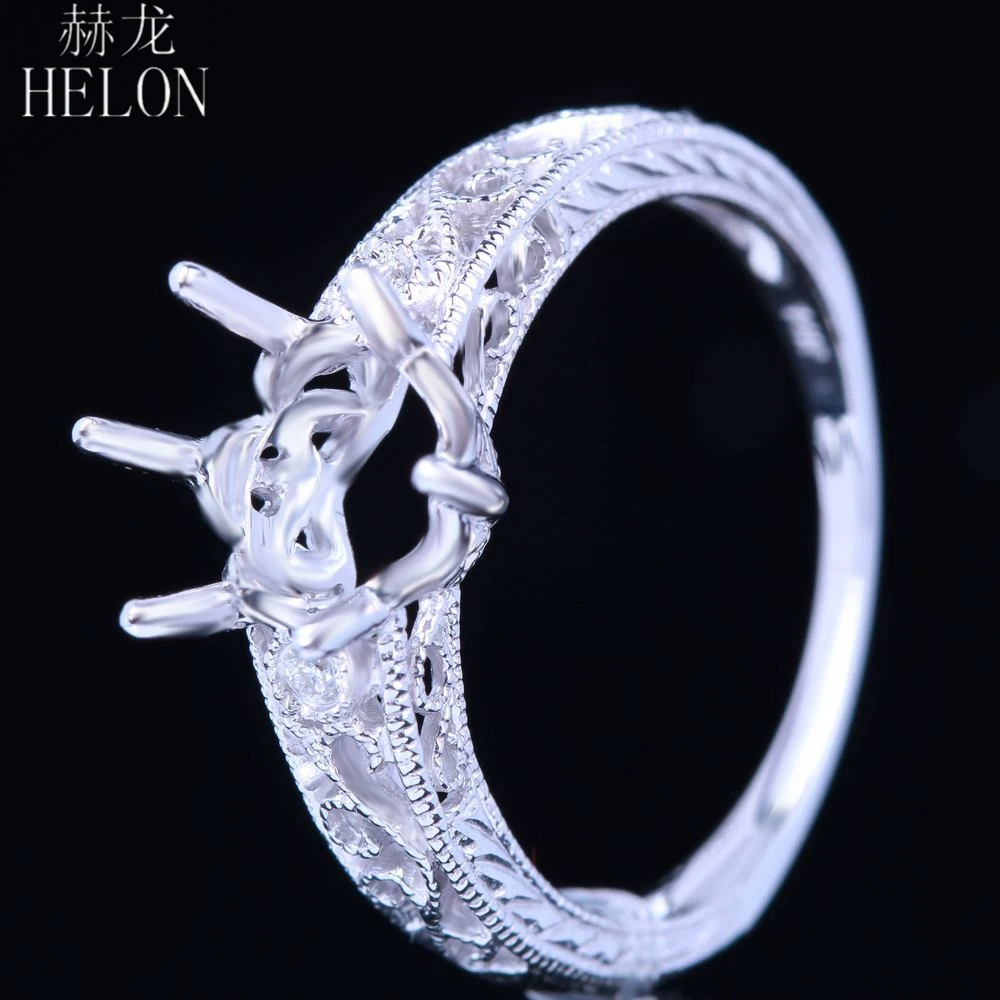 

HELON 7.5-8mm Round Solid 14K White Gold VS Natural Diamonds Vintage Antique Filigree Semi Mount Engagement Wedding Party Ring