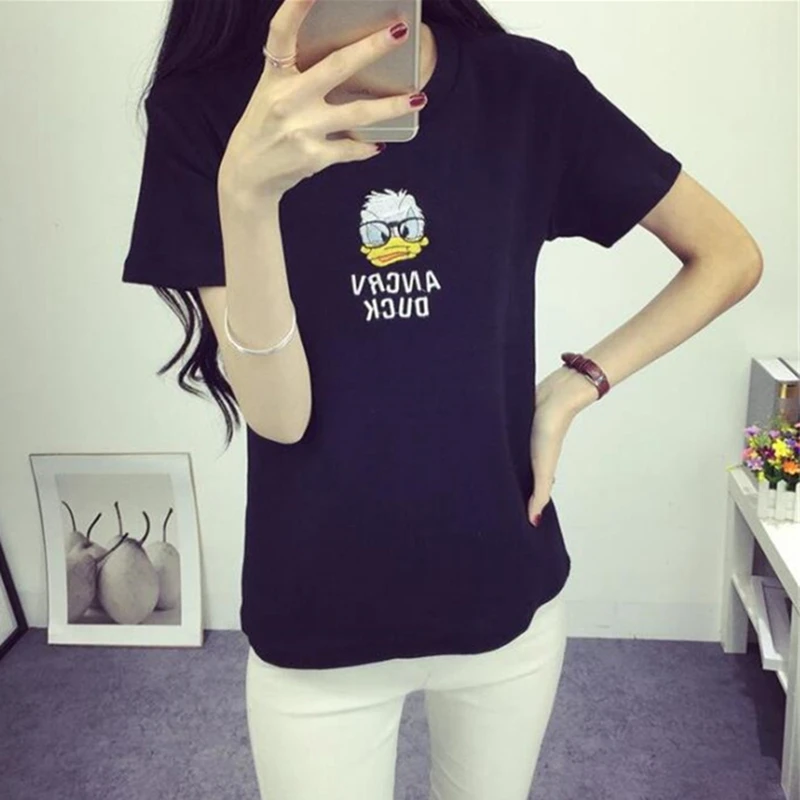 Лето Harajuku Новые женские Футболки Вышивка Мультфильм Утка Смешно футболка