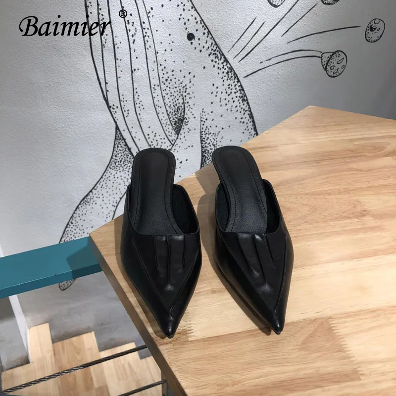 Black Mules Baimier/летние женские босоножки в горошек; женские туфли без задника с острым носком; женские шлепанцы на каблуке «рюмочка»; удобная женская обувь без застежки - Цвет: Black Mules