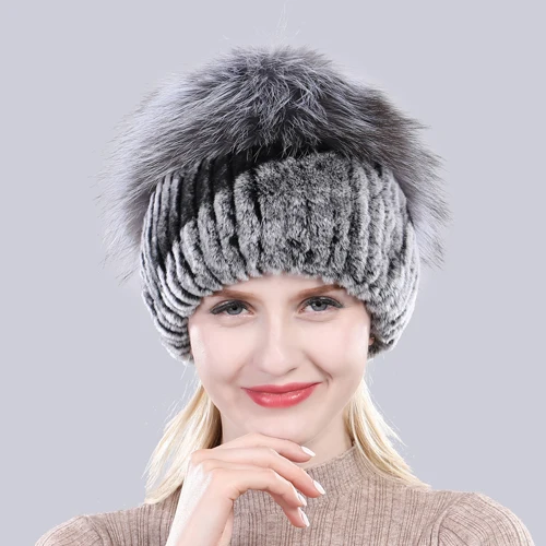 grey and black Хорошая эластичная шапка из натурального меха серебристой лисы, Новая зимняя женская вязаная шапка из натурального меха кролика Рекс, женская шапка из натурального меха - Цвет: grey and black