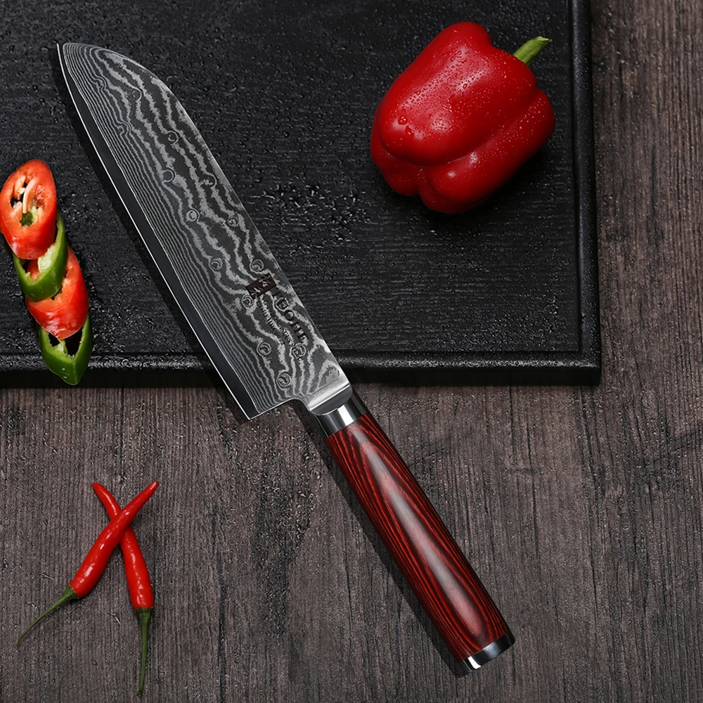 TUOHE 7 дюймовые ножи шеф повара для нарезки дамасской стали 67 слоев нож Santoku VG10