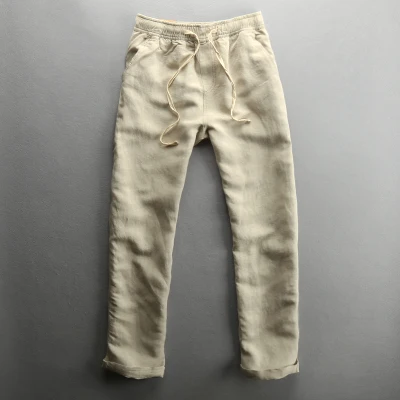 khaki Мужские летние модные Брендовые однотонные хлопковые льняные тонкие прямые повседневные мужские штаны Свободные простые брюки синие брюки цвета хаки - Цвет: khaki