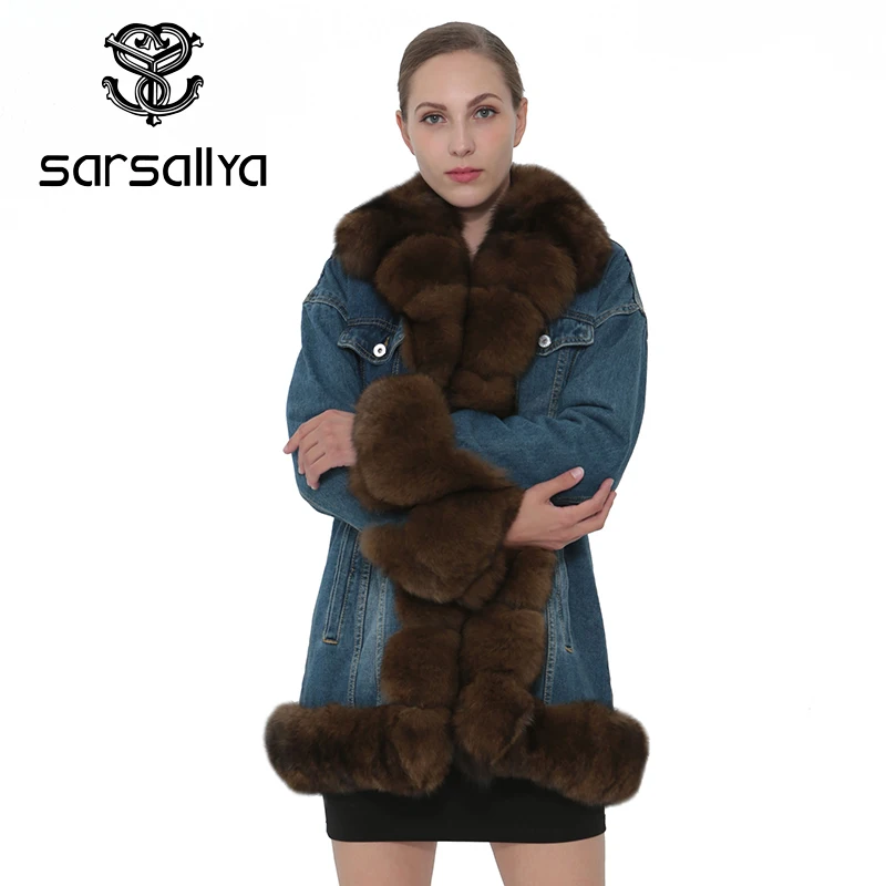 SARSALLYA зима Для женщин джинсовые парки модная теплая куртка и пальто с лисьим