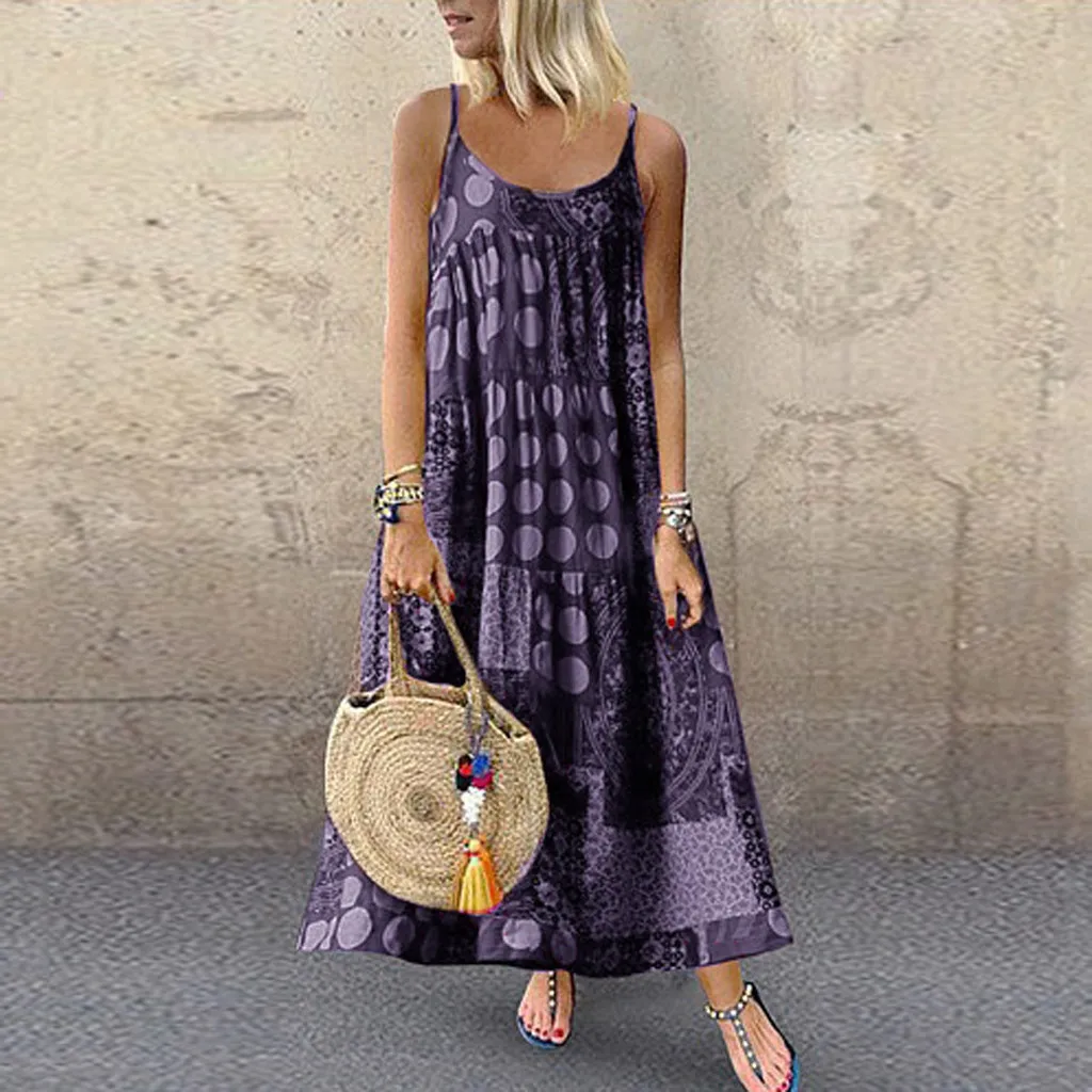 Женское платье на бретельках длинное большого размера с принтом|Женские платья| |