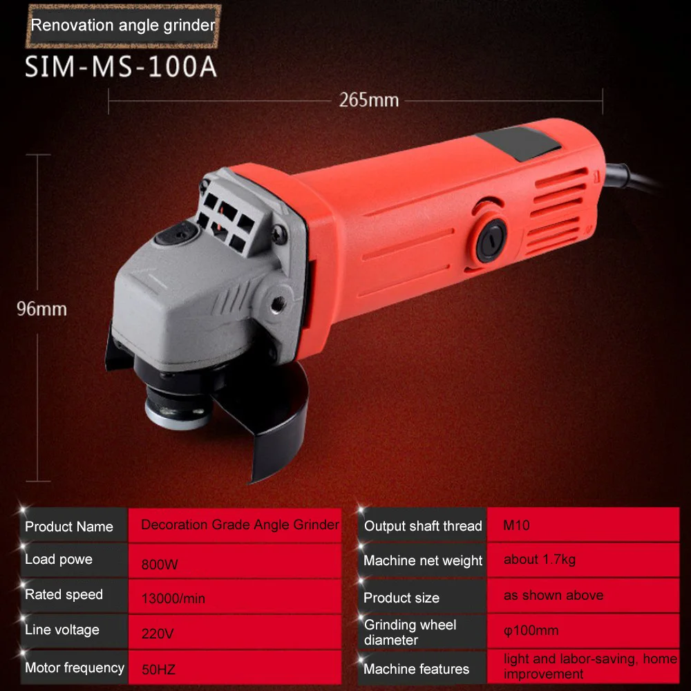 220V Electric Angle Grinder Single-speed Woodworking Power Tools Grinding machine for Home DIY