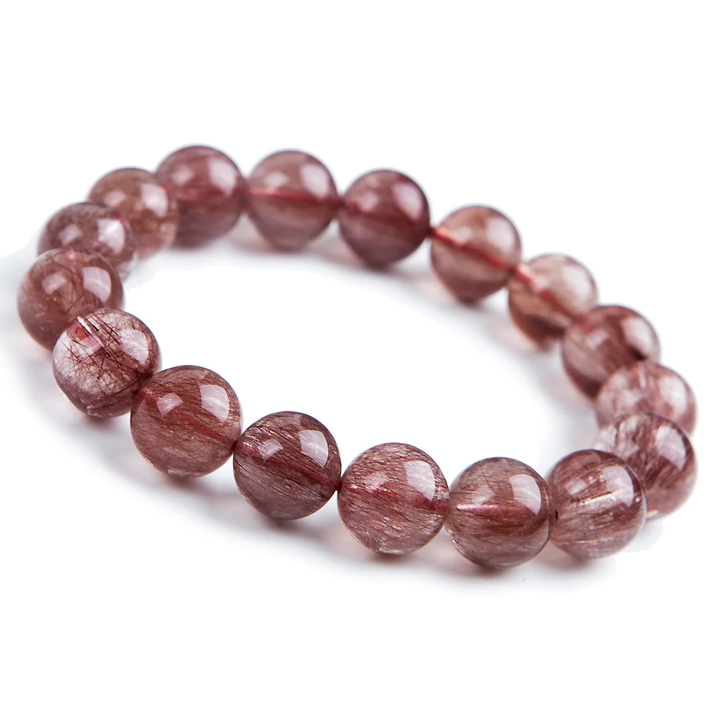 

Genuine Natural Red Hair Rutilated Quartz Bracelet Clear Round Beads Rare Women Men 12.5mm Clear Stone Gift AAAAA
