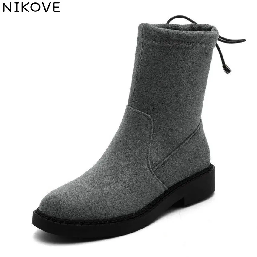 

Женские ботинки с коротким плюшем NIKOVE, осенние ботинки до середины икры на высоком квадратном каблуке, женские ботинки из флока с круглым но...