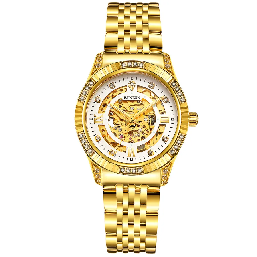 Gold Skeleton BINLUN2018 Новые 18K золотые Роскошные автоматические женские часы Элегантные механические часы со скелетом Алмазный циферблат модные часы для леди - Цвет: Gold Skeleton