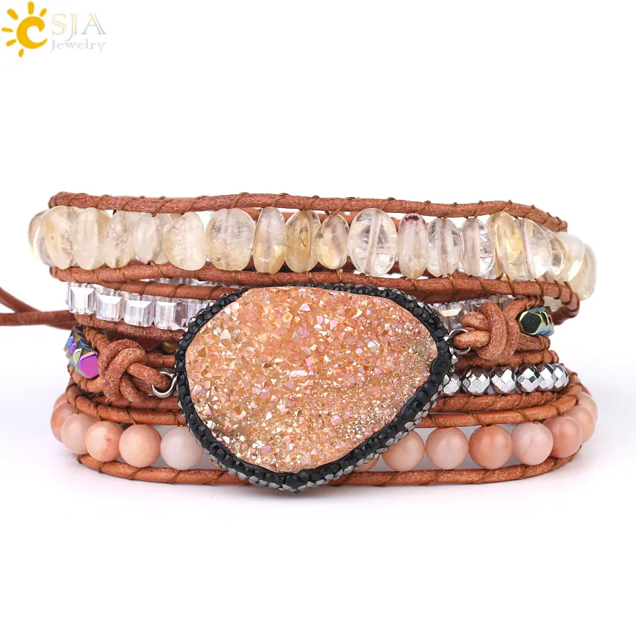 CSJA целебные ювелирные изделия из кристаллов для женщин талисманы Bling желтый кварц Друза геод камни бисером обёрточная Бумага браслет S377