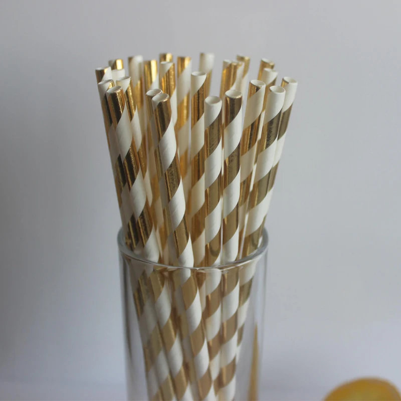 25 шт./лот Золотая/Серебристая полоска с металлической фольгой соломинки в