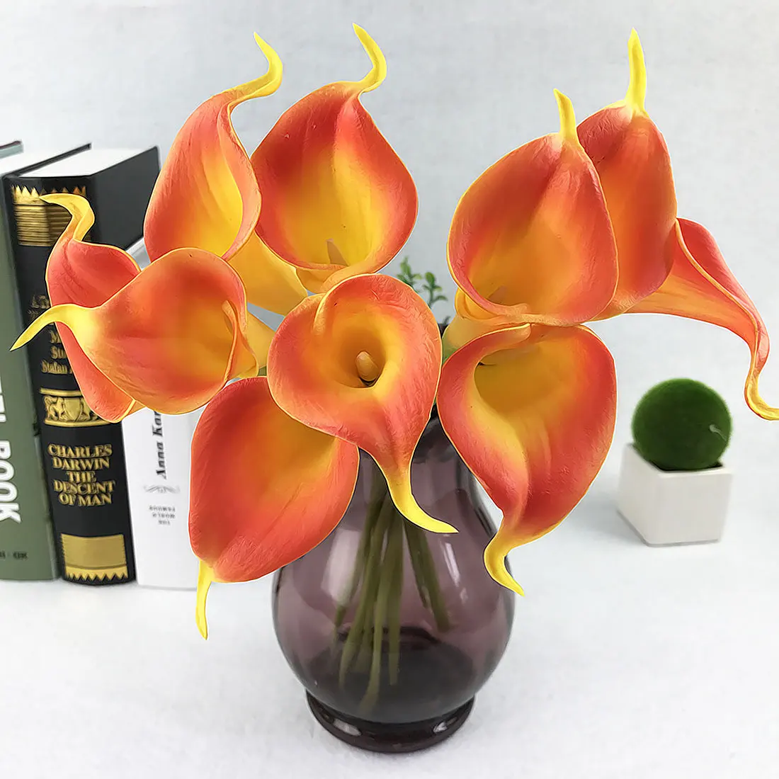 2 шт./лот, красивые искусственные шелковые цветы Calla Lily, маленький букет Флорес, для дома, вечерние, весенние, свадебные украшения, Mariage - Цвет: Seetting sun