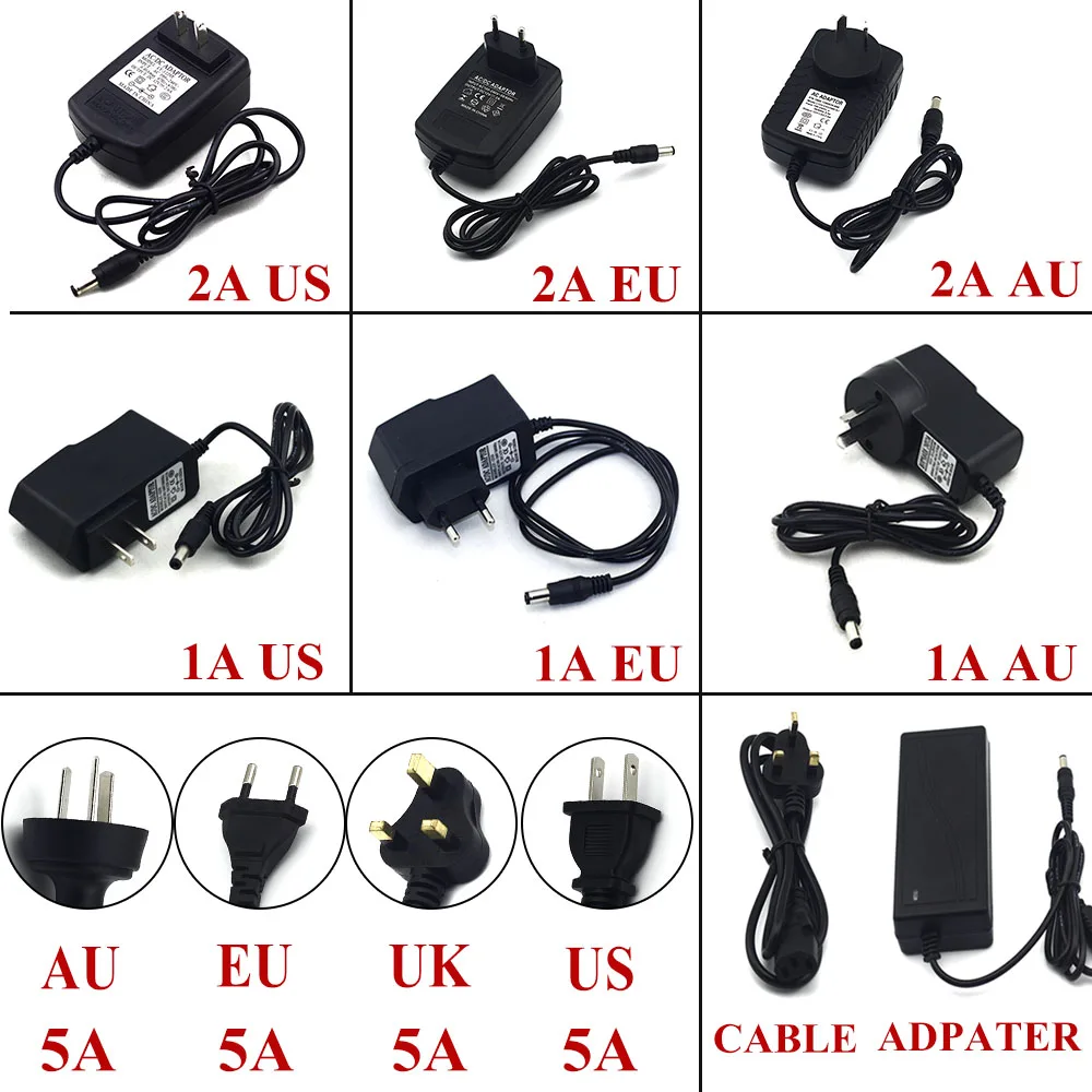 

1A 2A 5A Power Adapter for Led Strip 12W 24W 60W DC 12V Voltage Transfomer with EU US UK AU Plug Power Supply Led Driver