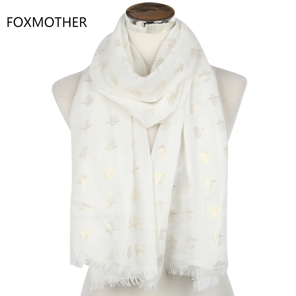Женский шарф с бахромой FOXMOTHER модный белый золотыми пчелами 2019|scarves foulard|bee scarfbrand