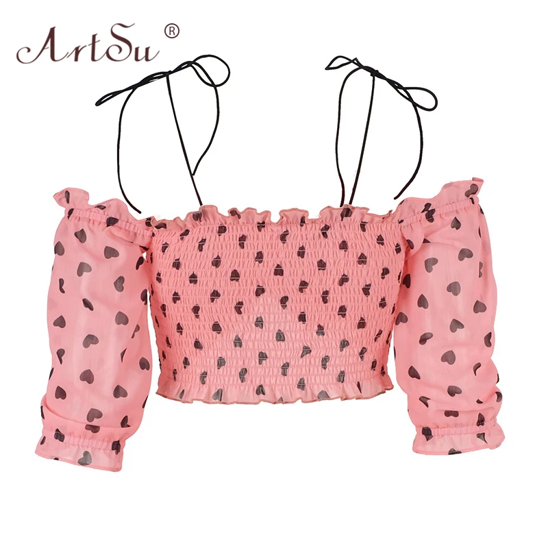 Кроп Топ женский шифоновый с открытыми плечами и оборками на шнуровке|Футболки| |