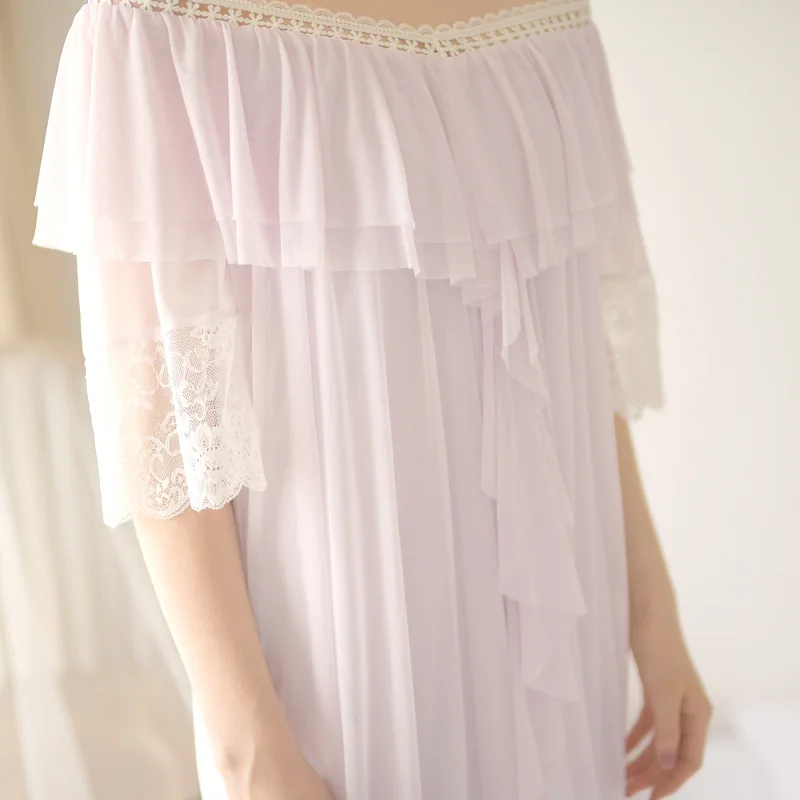 2019 New Spring Summer Women Long Sleeve Nightgown Mesh Lace Loose Dress Nightwear Nightdress Slash Neck White/Purple/Pink | Женская
