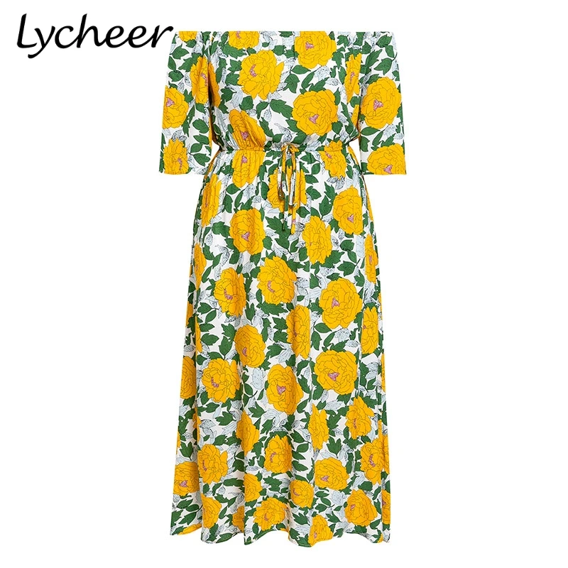 Женское платье с открытыми плечами Lycheer длинное пляжное в стиле бохо цветочным