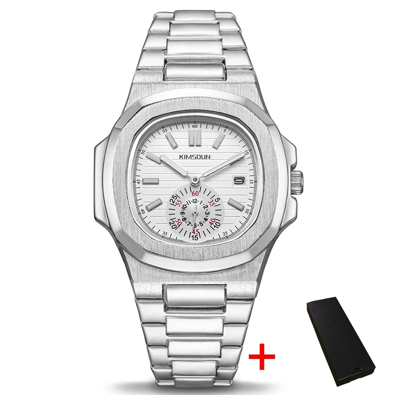 silver white and box Модные квадратные мужские часы, деловые водонепроницаемые кварцевые наручные часы из нержавеющей стали для женщин и мужчин, мужские часы erkek kol saati - Цвет: silver white and box